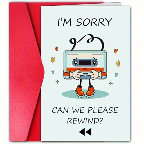 I'm Sorry Greeting Card  Adorable Cassette Tape Design with Red Envelope  Perfect for Apologies, Friendship, and Reconciliation
