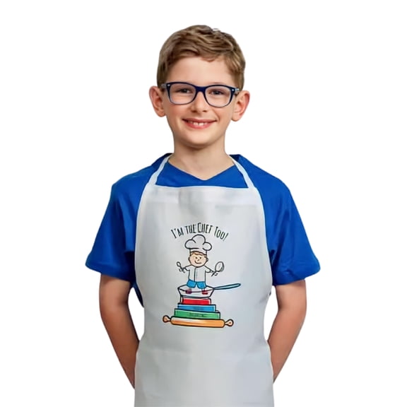 Im The Chef Too! Children's Apron - One Size Fits All - Adjustable Strap, 100% Cotton - Machine Washable, Ideal for Use with Your Baking Kits - White with I'm The Chef Too Logo