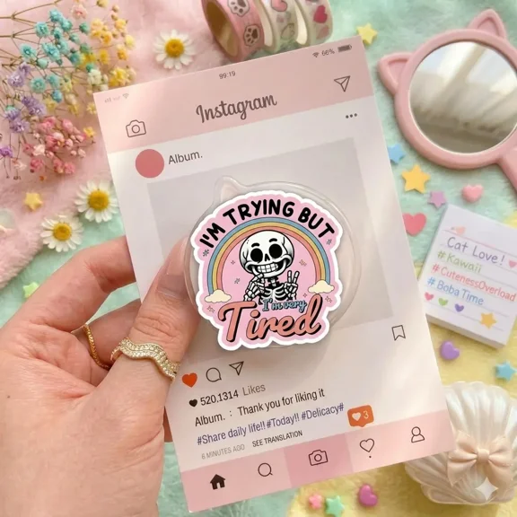 Im Trying But Very Tired Phone Grip  Humorous Skeleton with Rainbow, Playful Kawaii Accessory for Teen & Student Phones