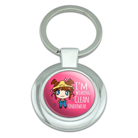 I'm Wearing Clean Underwear Kawaii Chibi Pigtails Keychain Classy Round Chrome Plated Metal