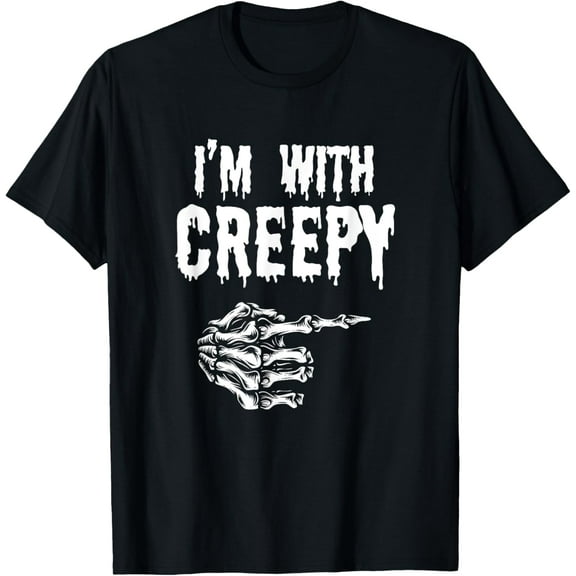 I'm With Creepy Outfit Skeleton Hand Funny Halloween Couple T-Shirt