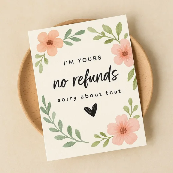 "I'm Yours" No Refunds Greeting Card Romantic Floral Design Perfect for Lovers, Partners, Valentines Day, Anniversaries Blank Inside, Envelope Included