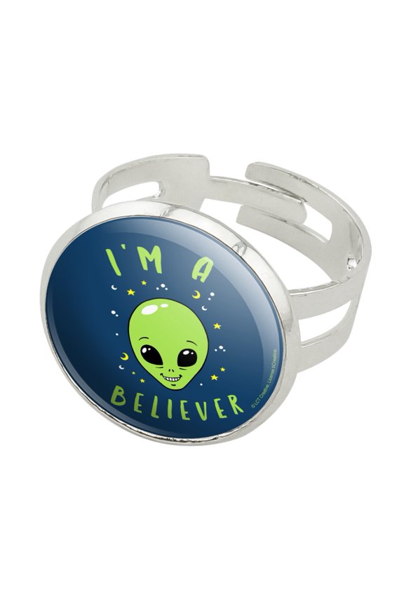 I'm a Believer Alien Funny Humor Silver Plated Adjustable Novelty Ring