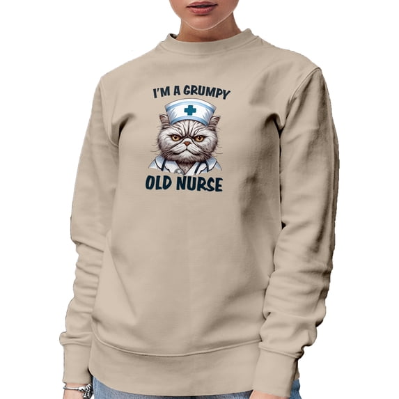 I'm a Grumpy Old Nurse feat. a Cat in a Nursing Uniform, Sand Crewneck Sweatshirt, 3XL