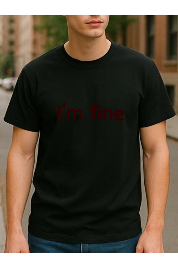 "I'm fine" Casual Sportswear Tops | Comfortable and Breathable, Spring New Arrival, Crew Neck, Regular Fit, Short Sleeve, Printed Pattern, Medium Stretch Fabric for Men