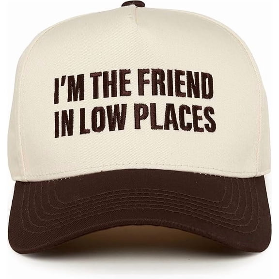Funky Junque Trucker Hat – Vintage Snapback Baseball Cap with Embroidered Design - I'm the Friend in Low Places - Brown/Beige
