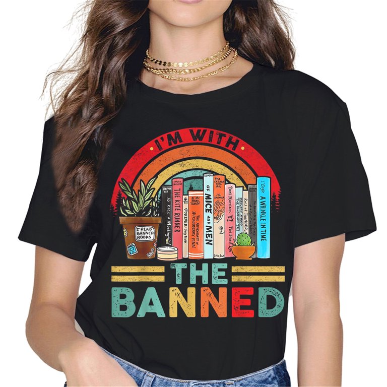 Women's 'I'm With The Banned' Book Lover T-Shirt - V-Neck Graphic Tee, Casual Short Sleeve Top