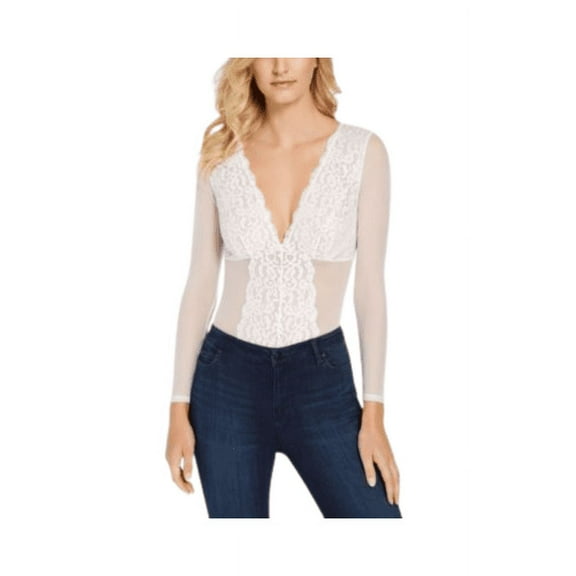 INC International Concepts Women's Not So Basic Long-Sleeve Lace Mesh Bodysuit (Washed White, S)