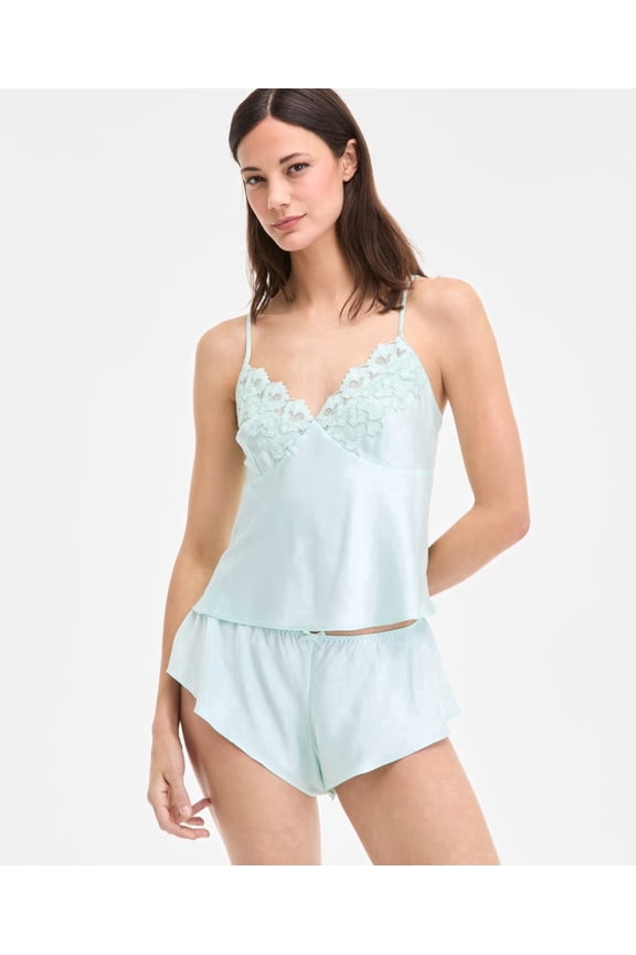 I.N.C. International Concepts Women's Lace-Trim Satin Cami and Short Set Flutter, Clear Dew
