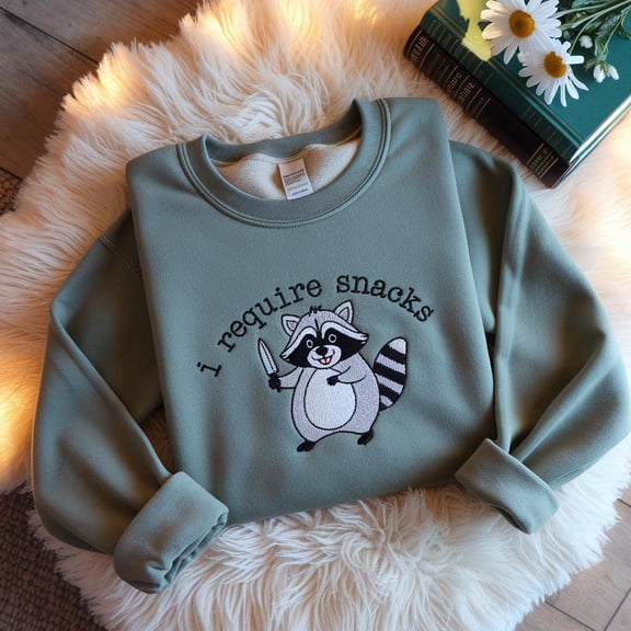 I require snacks sweatshirt, feral embroidered raccoon sweater, funny unhinged gift, embroidered animal sweatshirt