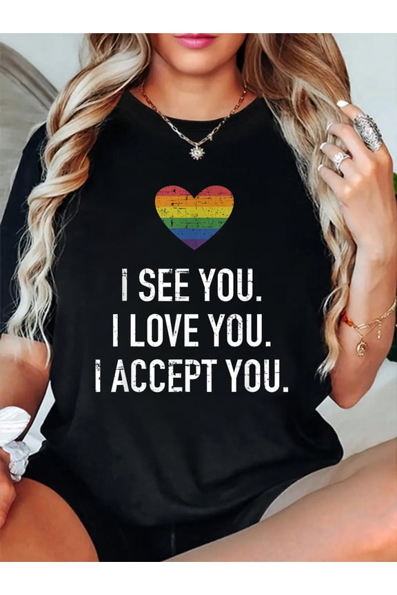 I see love accept you with rainbow heart for pride month Relaxed Fit Classic Comfort Cotton T-Shirt Women's Men's Graphic Tee Crew Neck summer vacation Tops