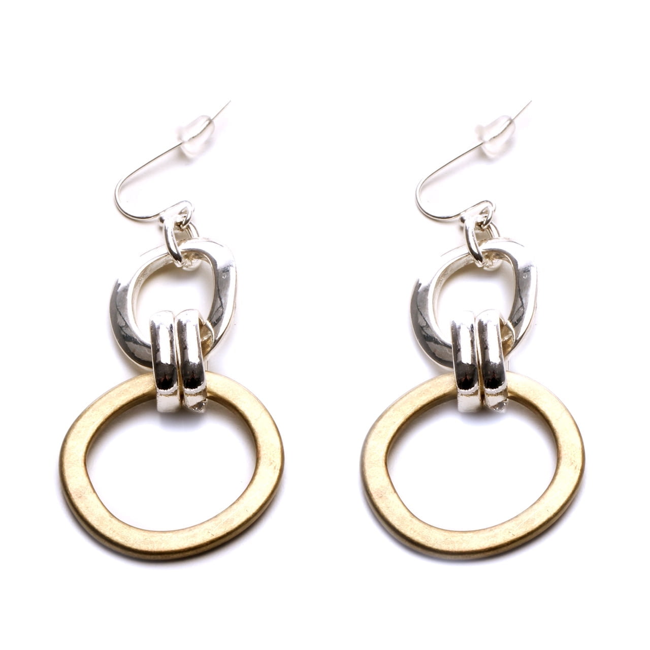 Two Tone Brushed Metal Linked Circle Drop Earrings - 2.75 Inch Jewelry Gold Silver Metal