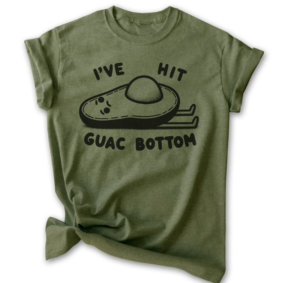 I've Hit Guac Bottom T-shirt, Unisex Women's Men's Shirt, Guacamole Pun Funny Food Saying Avocado, Heather Military Green, X-Large
