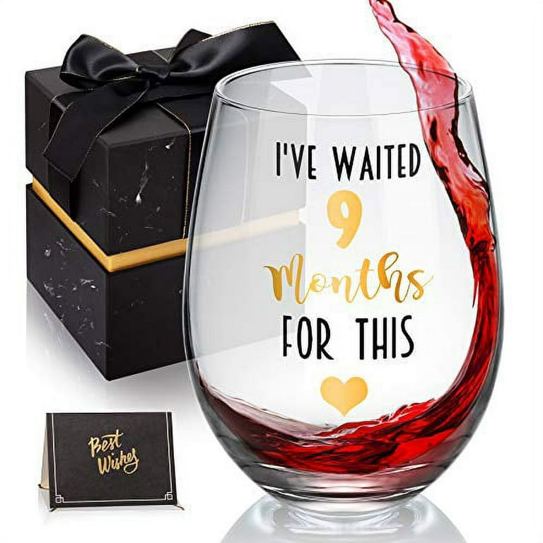 I've Waited 9 Months for This! Funny New Mom Stemless Wine Glass for Expectant Moms and Post Pregnancy Gifts, Funny 18 oz Stemless Wine Glasses for