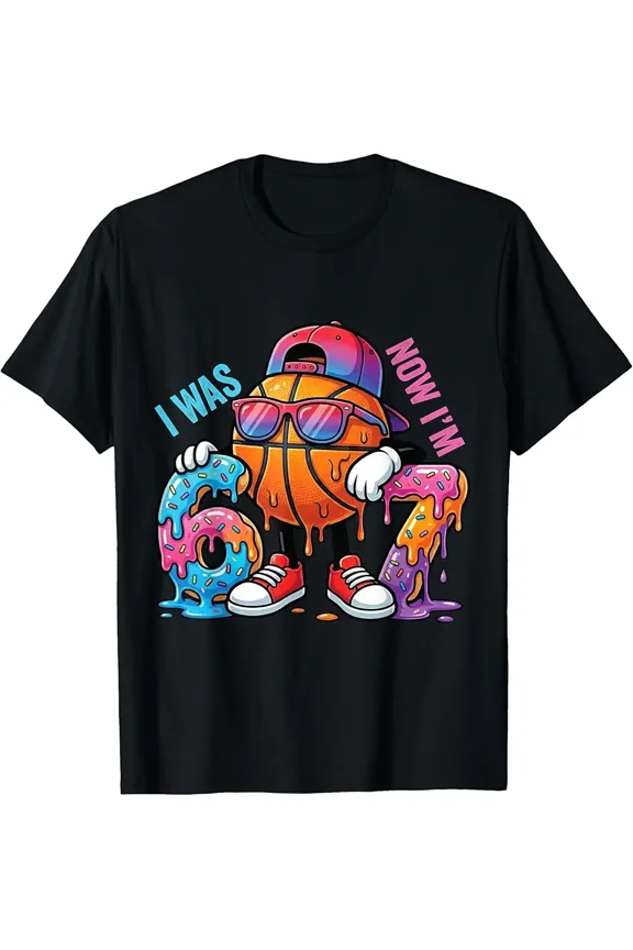 I was 6 Now I'm 7 Birthday Basketball Drip Boys Kids 67 Meme T-Shirt