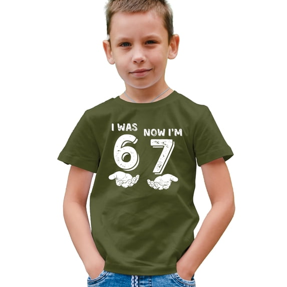 I was 6 Now I'm 7 Birthday Shirt for Kids Distressed Six Seven Hands Unisex Party Tee Military Green Shirt Youth Medium