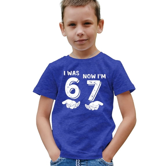 I was 6 Now I'm 7 Birthday Shirt for Kids Distressed Six Seven Hands Unisex Party Tee Vintage Royal Shirt Youth Medium