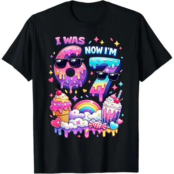 I was 6 Now I'm 7 Ice Cream Dripping 67 Meme Kids Birthday T-Shirt