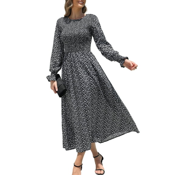 I2CRAZY Long Sleeve Round Neck Smocked Waisted A Line Boho Midi Dress for Women-S,Black Floral