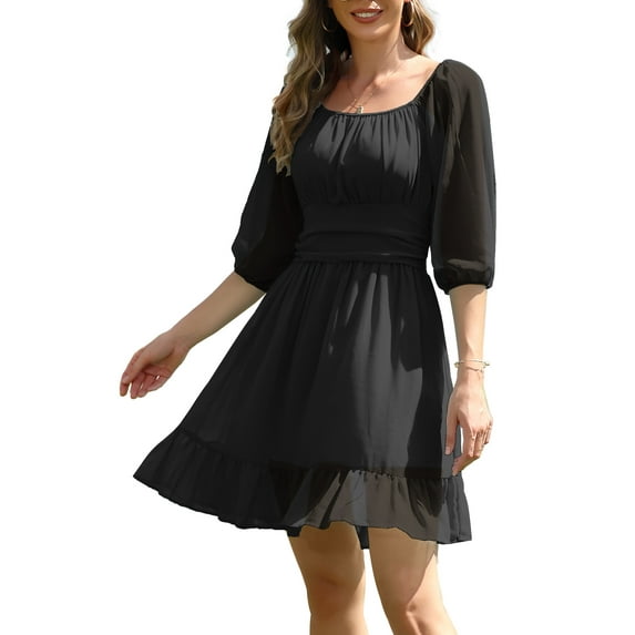 I2CRAZY Puffy Sleeve Ruched Bust A-Line Homecoming Dress-L,Black