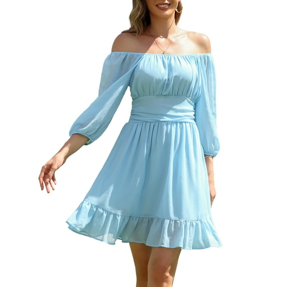 I2CRAZY Ruffled Off Shoulder Tie Back Wedding Guest Dress-S,Light Blue
