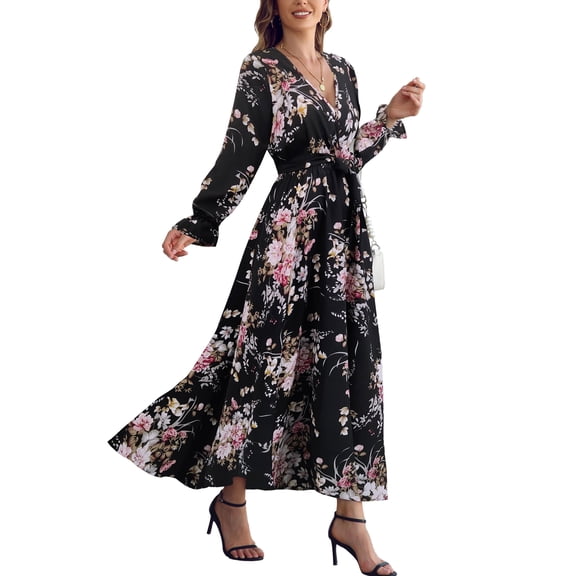 I2CRAZY Womens Pink Floral V Neck Empire Waist Long Sleeve Boho Wrap Maxi Dresses-S