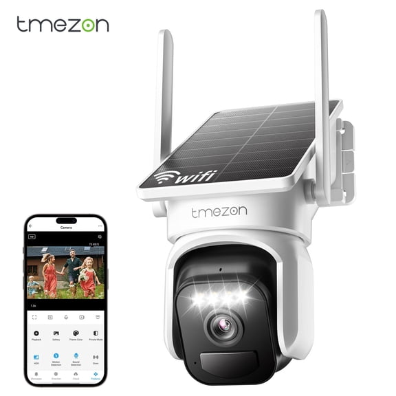 TMEZON Solar Wireless Outdoor Security Camera, 360° PTZ, 3MP Color Night Vision, 2.4GHz WiFi, AI Motion Detection, IP65 Waterproof, No Hardwiring Home Surveillance Cam