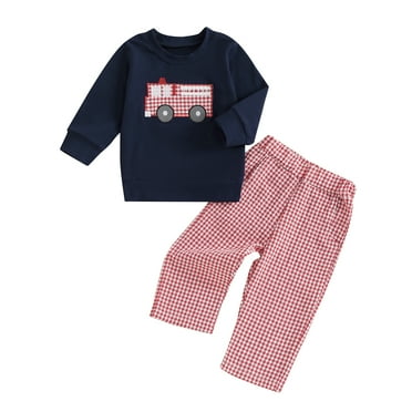 I3CKIZCE Toddler Boys Fall Outfits Fire Truck Embroidered Crew Neck Long Sleeve Sweatshirts and Plaid Long Pants 2Pcs Clothes Set