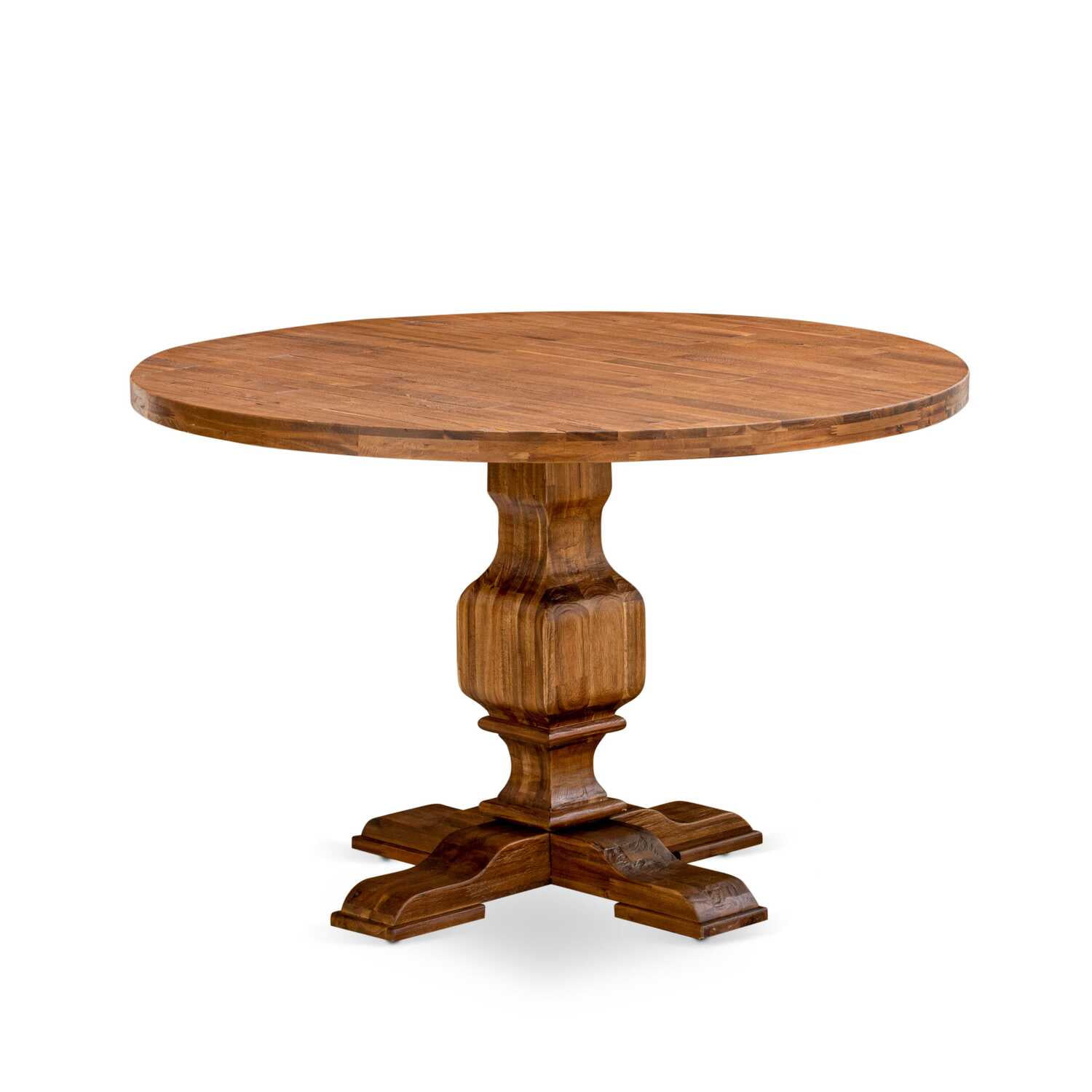 Antique Walnut Round Pedestal Dining Table with 6 Light Beige Linen Chairs