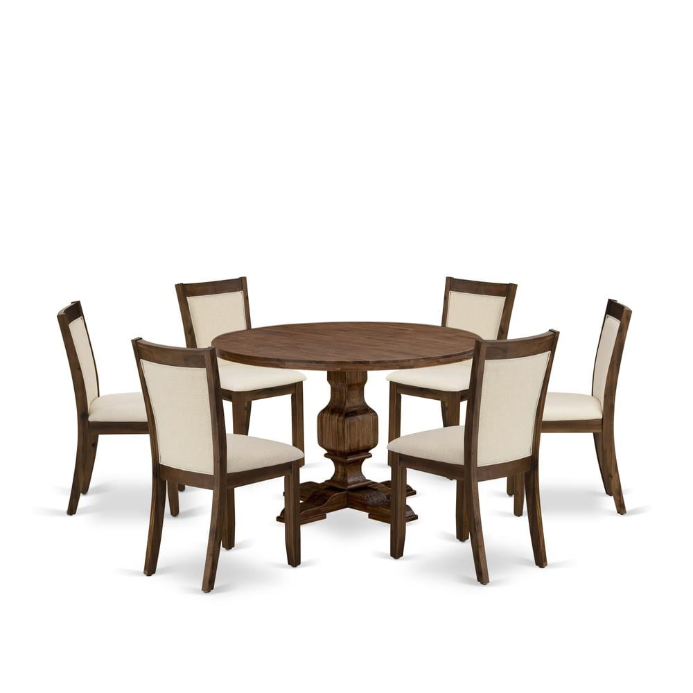 Antique Walnut Round Pedestal Dining Table with 6 Light Beige Linen Chairs