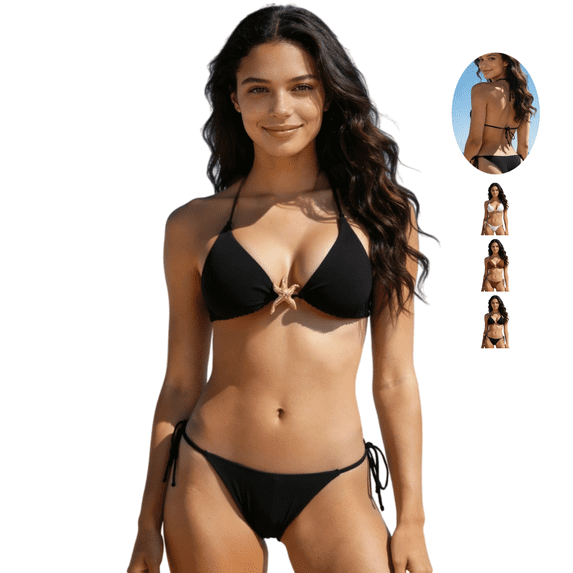 IAIKUO Women's Halter Bikini Set Lace-up Neck Tie Thong Bottom String Swimwear Two Piece Bathing Suit Black M-XXL