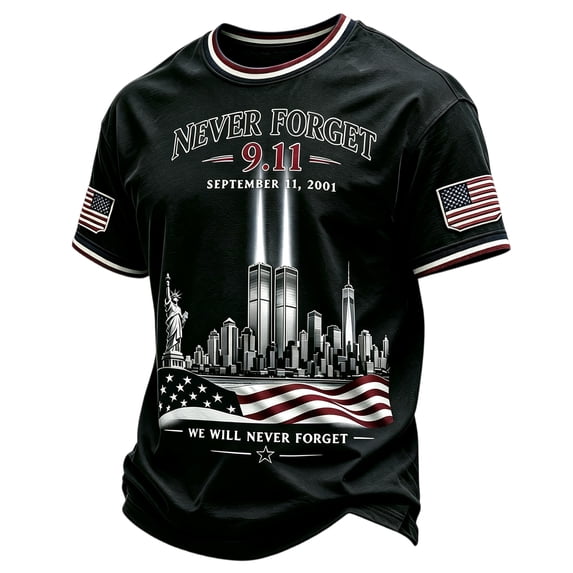 IAJDKMEK 9/11 25th Anniversary T-Shirt - Men's Casual Short Sleeve Round Neck Graphic 911 Tee for Daily Wear and Remembrance,Black L