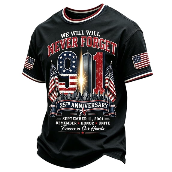 IAJDKMEK 9/11 25th Anniversary T-Shirt - Men's Casual Short Sleeve Round Neck Graphic 911 Tee for Daily Wear and Remembrance,Red M