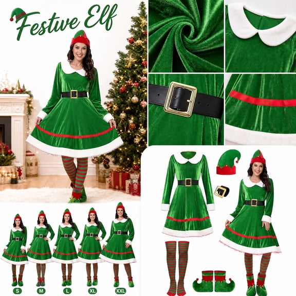 IAJDKMEK Christmas Elf Costume for Women with Robe and Belt, Holiday Party Winter Outfit