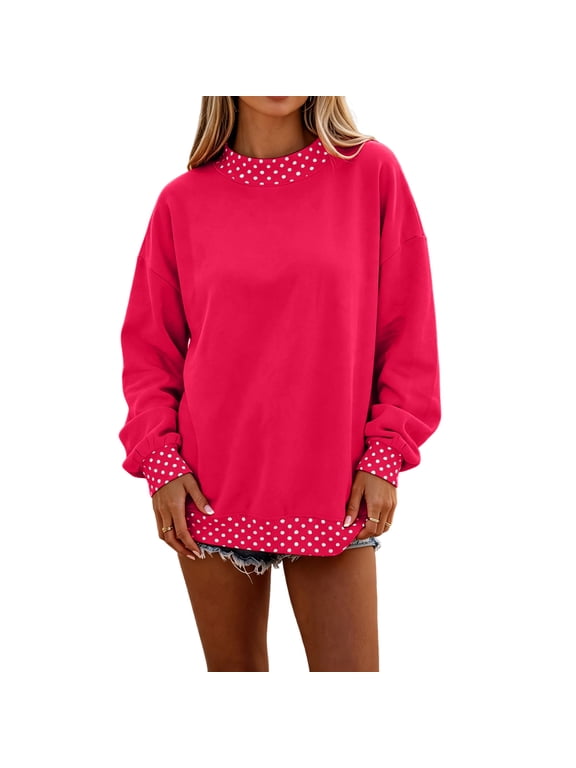 Colorblock Polka Dot Sweatshirt for Women — Oversized Long Sleeve Casual Fall Tops Pullover Trendy,Hot Pink S