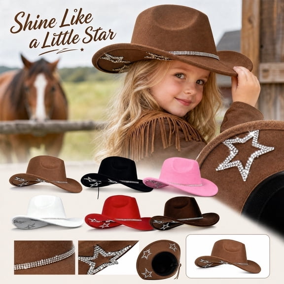 IAJDKMEK Cowboy Hat for Kids, Western Felt Cap with Rhinestone Star Decoration for Boys Girls Costume Party