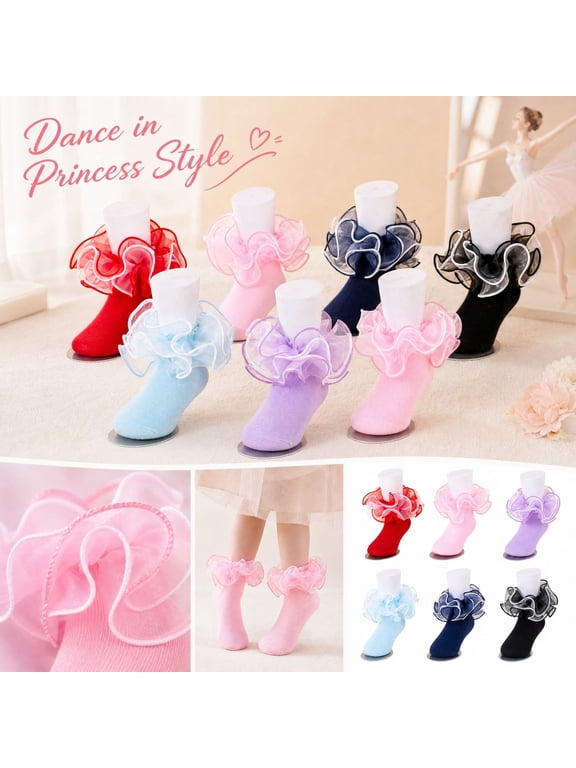 Girls Dance Socks with Lace Trim - Breathable Combed Cotton Ballet Socks for Toddler Daily Wear