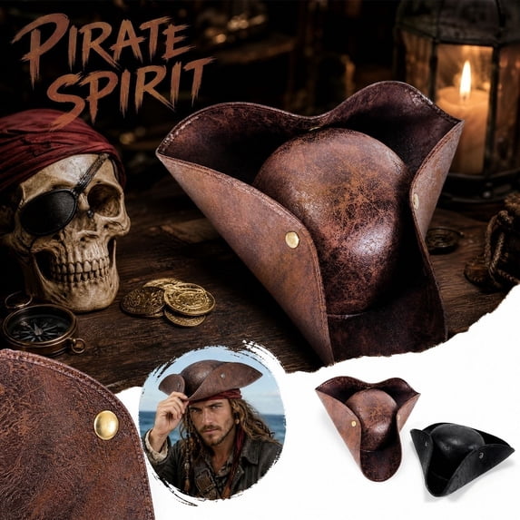 IAJDKMEK Halloween Costumes, Tricorn Pirate Hat with Faux Leather, Adult Costume Hat for Party, Role Play and Dress-Up