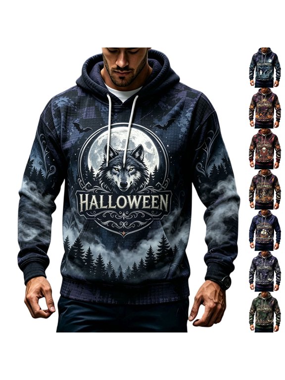 Halloween Men's Casual Hooded Long Sleeve Sweatshirt - Pullover Top for Men, with Halloween Print, Cozy Sweatshirt and Fall Top