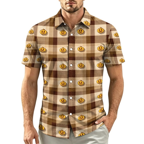 IAJDKMEK Halloween Men's Collared Short Sleeve Shirt - Lightweight Button-Down Knit Shirt, Breathable Summer Shirt for Summer Daily, Golf Shirt & Costume Events,Khaki 4XL