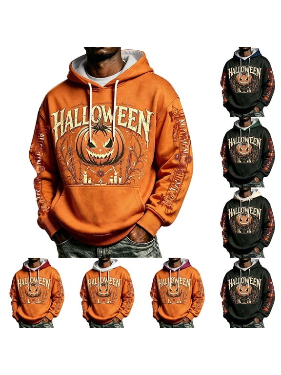 Halloween Men's Loose Fit Hoodie Sweatshirt - Pocket and Drawstring Pullover Top for Men, with Halloween Print, Great Sweatshirt and Top