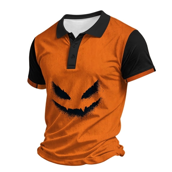 IAJDKMEK Halloween Men's Polo Short SleeveShirt - Soft Fabric Button-Down Shirt, Ideal Summer Shirt for Daily Casual, Holiday Wear, Golf Shirt & Costume,Orange L
