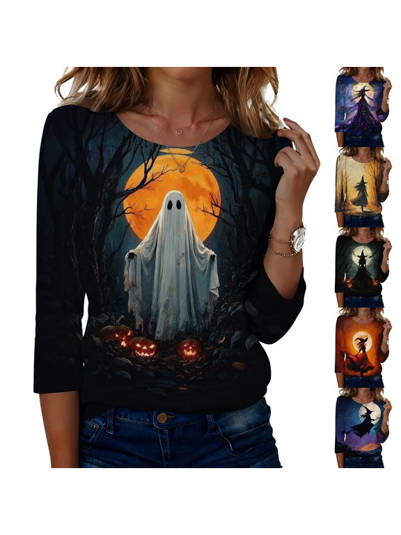 Halloween Shirts for Women Round-Neck - 3/4 Length Sleeve Casual Tops with Vibrant Halloween Art, Great for Work, Casual Fridays, and Social Gatherings