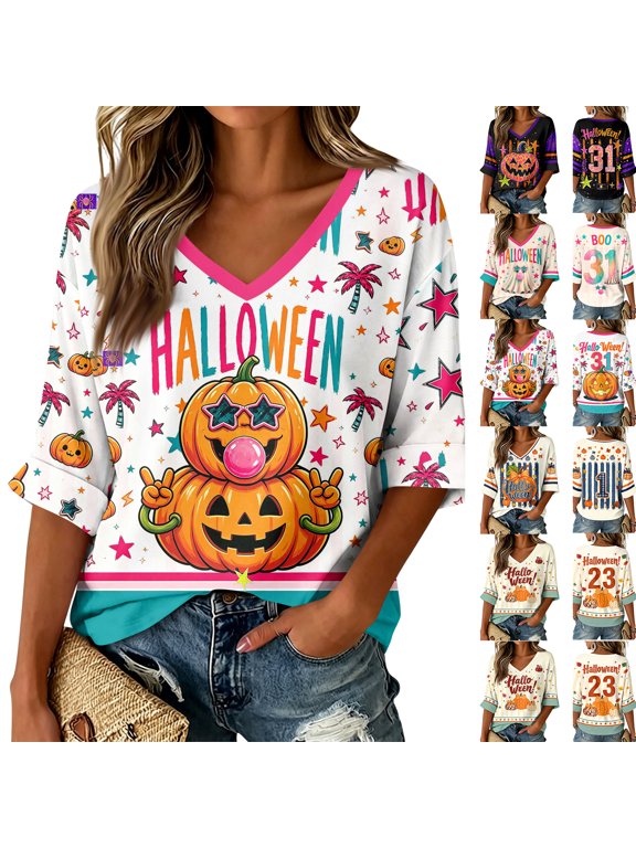 Halloween Shirts for Women V-Neck - 3/4 Sleeve Casual Tops with Unique Spooky Design, Ideal for Parties, Work, and Casual Fridays