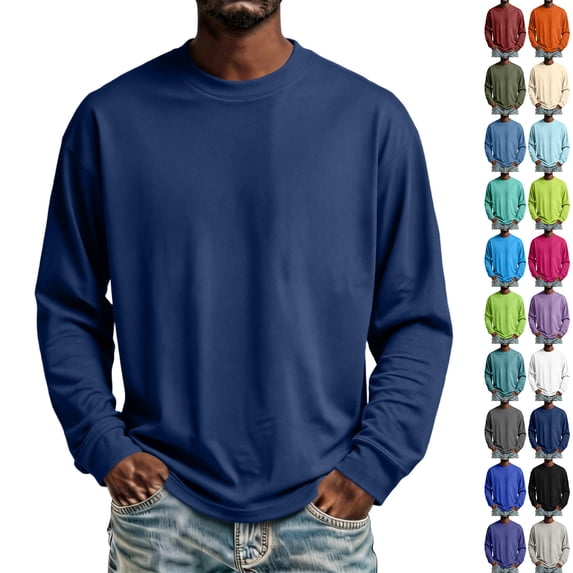 IAJDKMEK Long Sleeve Shirts for Men - Stretch Fit Round Neck Soft Tee Shirts, Lightweight Breathable Comfortable Tops for Daily Wear, Work, Office, and Weekend,Dark Blue XL
