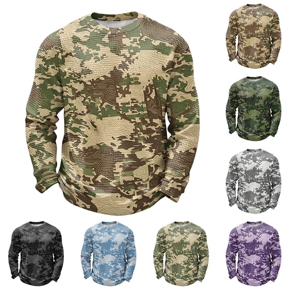 IAJDKMEK Men Casual Long Sleeve Shirts — Camouflage Waffle Knit Round Neck Casual Pullover Top with Soft Texture and Breathable Comfort Shirt,Green L