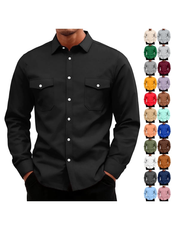 Men's Basic Long Sleeve Shirt with Two Pockets - Relaxed Fit Button Front Top, Functional Shirt for Men, Versatile Button Down Shirts for Men Leisure