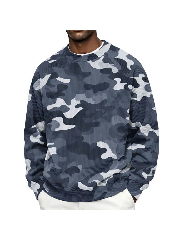 Men's Camo Corduroy Crewneck Sweatshirt - Loose Fit Long Sleeve Pullover Top for Men, Camouflage Print Casual Sweatshirt for Outdoor,Blue L