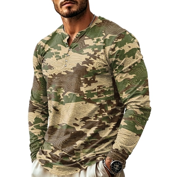 IAJDKMEK Men's Camo Henley Long Sleeve Shirt - Buttonless Collar Tee for Everyday, Casual Camouflage Shirt for Outdoors, Stylish Long Sleeve Shirts for Men