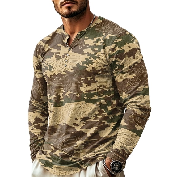 IAJDKMEK Men's Camo Henley Long Sleeve Shirt - Buttonless Collar Tee for Everyday, Casual Camouflage Shirt for Outdoors, Stylish Long Sleeve Shirts for Men